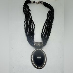 Faux Onyx Cabachon Black Multi Strand Beaded Necklace with Silver Tone Accents
